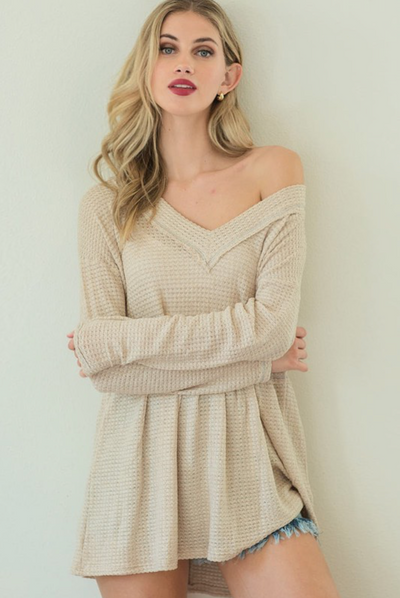 Inside Out Waffle Knit V-Neck Babydoll Top