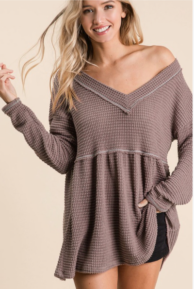 Inside Out Waffle Knit V-Neck Babydoll Top