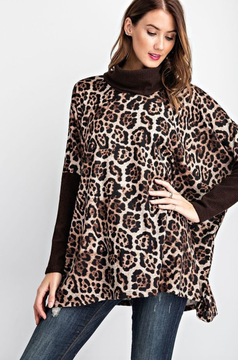 Brown Animal Print Boxy Top with Turtleneck / Cowl Neck