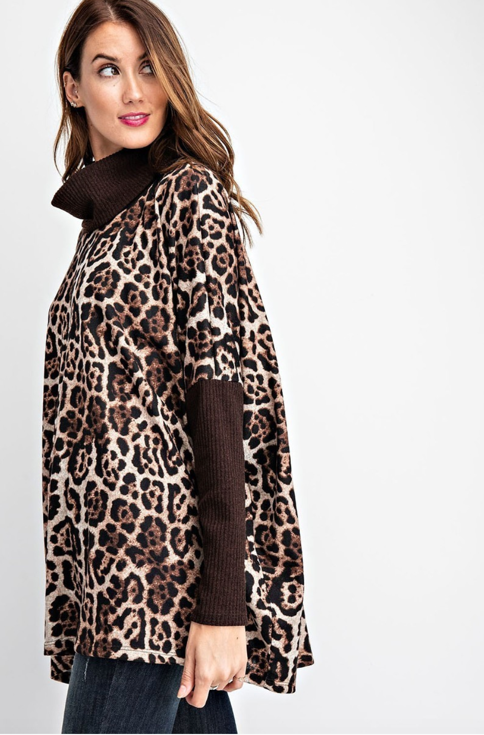 Brown Animal Print Boxy Top with Turtleneck / Cowl Neck