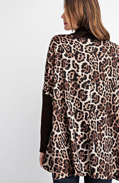 Brown Animal Print Boxy Top with Turtleneck / Cowl Neck