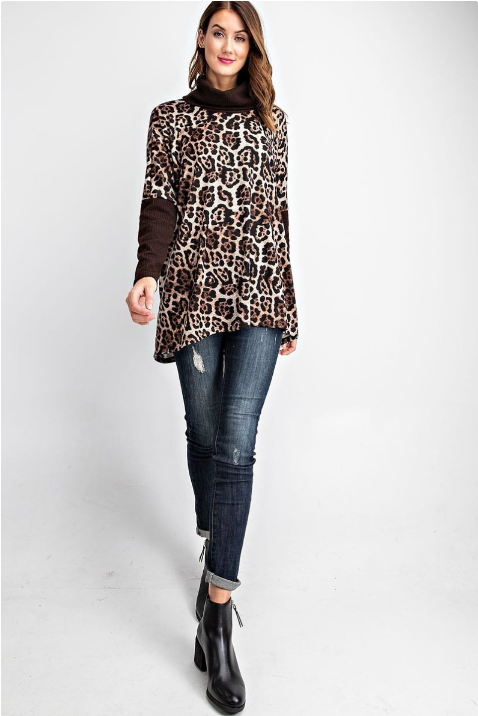 Brown Animal Print Boxy Top with Turtleneck / Cowl Neck