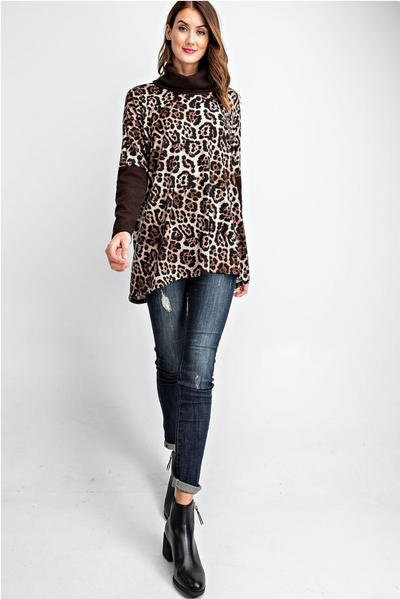 Brown Animal Print Boxy Top with Turtleneck / Cowl Neck