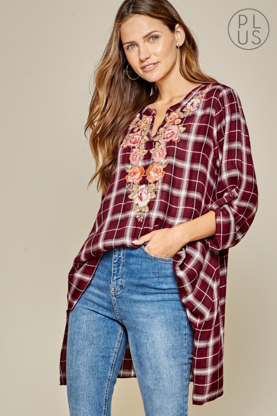 Burgundy Plaid Floral Embroidered Tunic {Savanna Jane Collection by Andree by Unit}