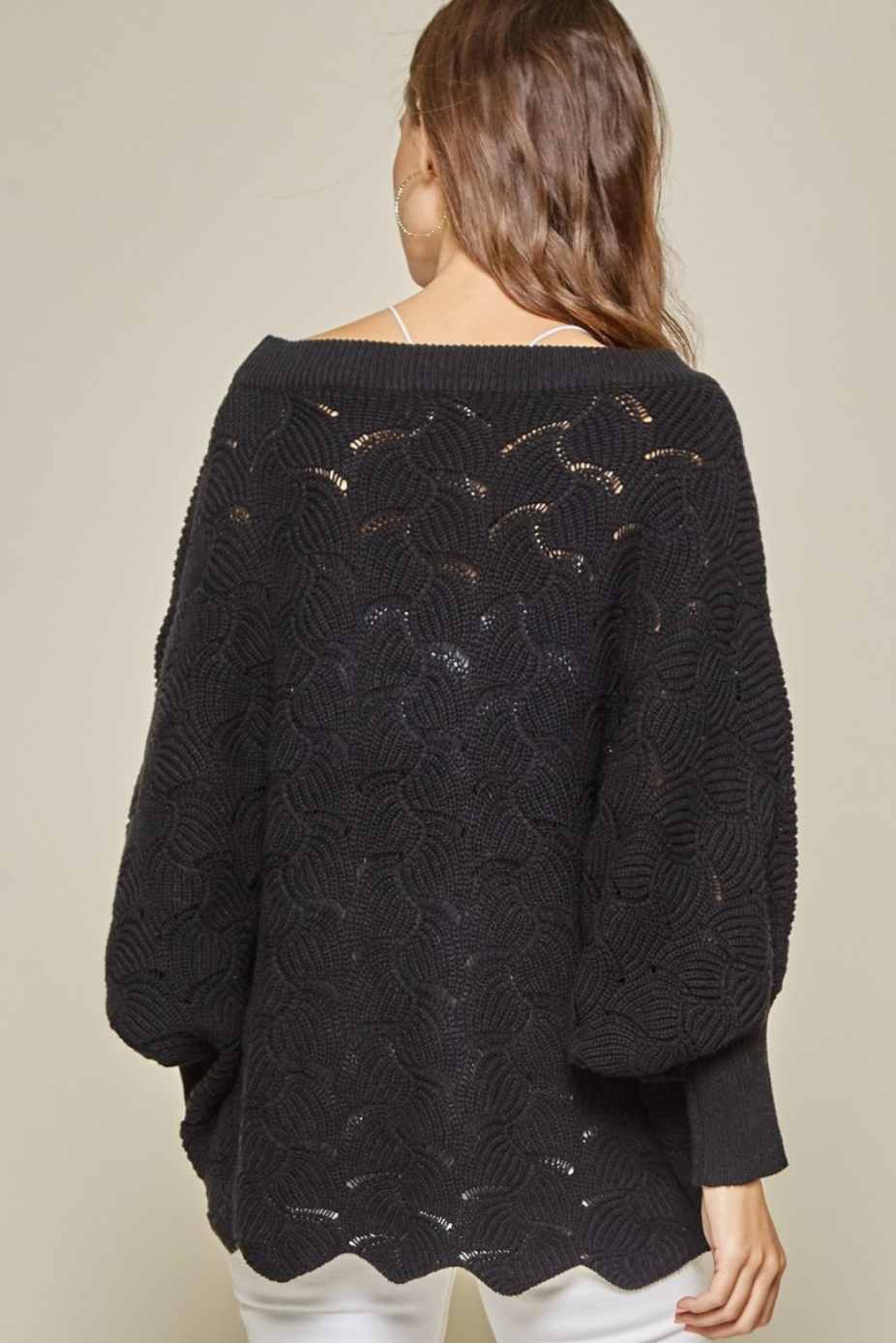 Fan-Crochet Knit Scallop Edged Sweater - Black {Andree by Unit}