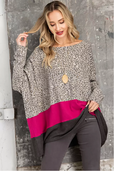 Animal Print, Fuchsia, and Charcoal Brushed Soft Tunic Top