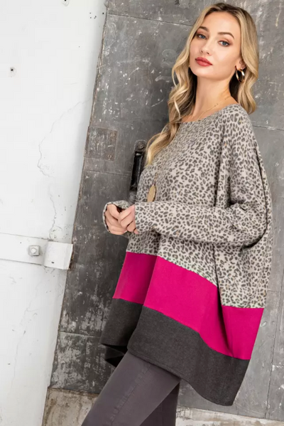 Animal Print, Fuchsia, and Charcoal Brushed Soft Tunic Top