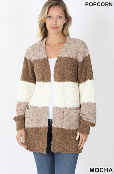 Wide Striped Popcorn Cardigan - Mocha Mix