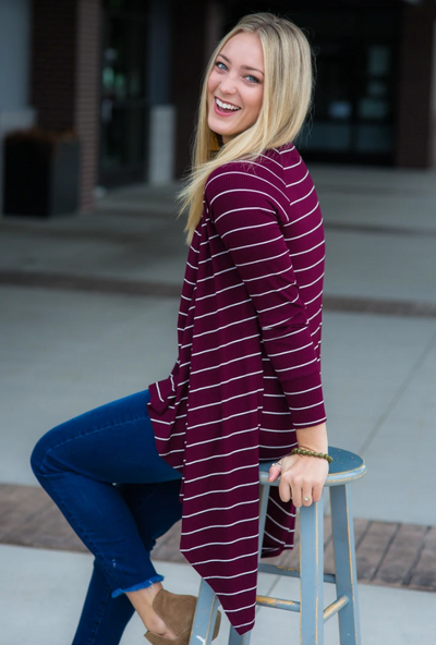 Maroon & White Stripe Ribbed Cascade Cardigan {Hawthorne}