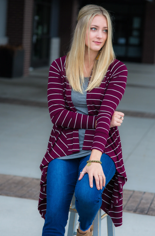 Maroon & White Stripe Ribbed Cascade Cardigan {Hawthorne}