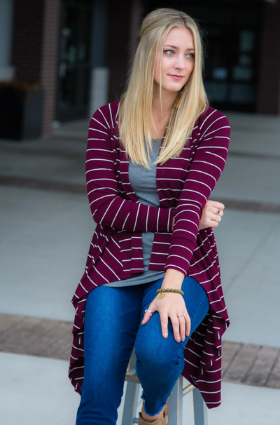 Maroon & White Stripe Ribbed Cascade Cardigan {Hawthorne}