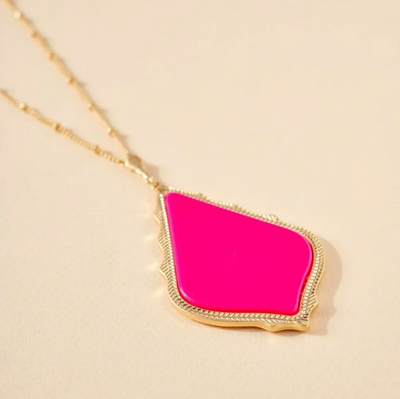 The “Tamela” - Long Gold Pendant Necklace - Neon Pink, Neon Yellow, or Teal