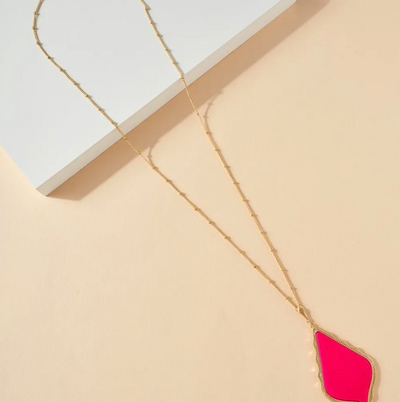 The “Tamela” - Long Gold Pendant Necklace - Neon Pink, Neon Yellow, or Teal