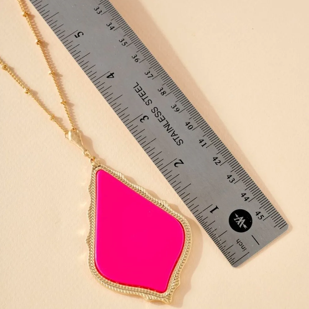 The “Tamela” - Long Gold Pendant Necklace - Neon Pink, Neon Yellow, or Teal