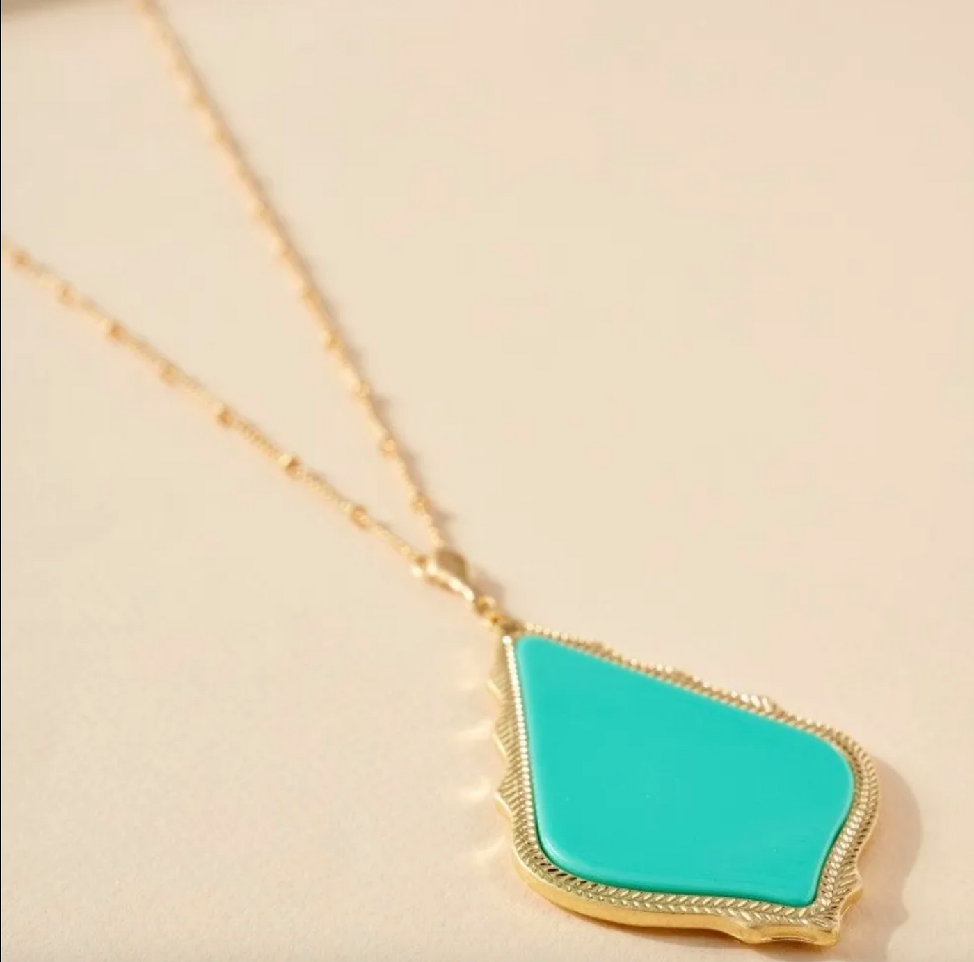 The “Tamela” - Long Gold Pendant Necklace - Neon Pink, Neon Yellow, or Teal