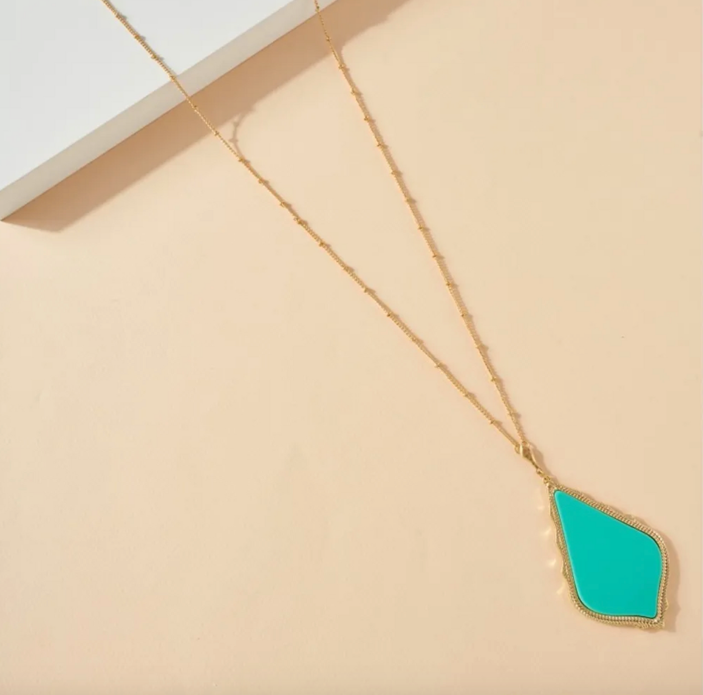 The “Tamela” - Long Gold Pendant Necklace - Neon Pink, Neon Yellow, or Teal