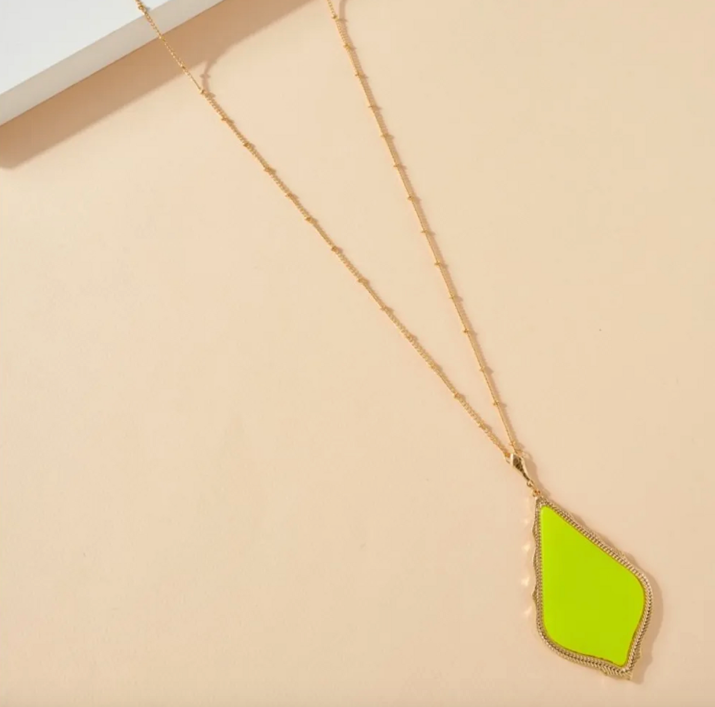 The “Tamela” - Long Gold Pendant Necklace - Neon Pink, Neon Yellow, or Teal