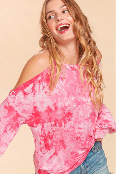 Fuschia Hot Pink Tie Dye Cold Shoulder Top