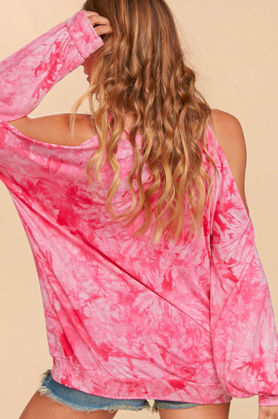 Fuschia Hot Pink Tie Dye Cold Shoulder Top