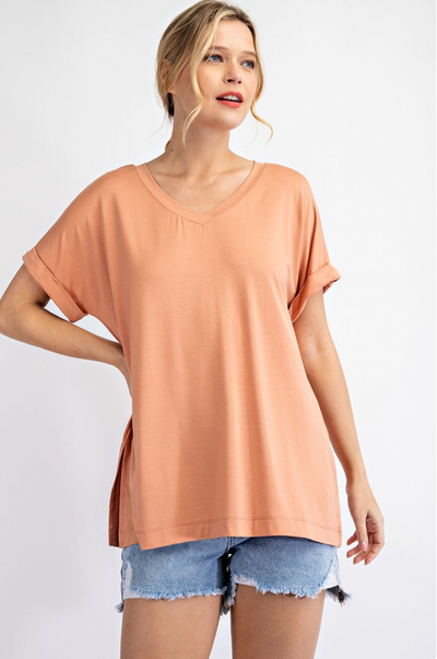 Modal V-Neck Short Sleeve Top with Back Pleat Detail