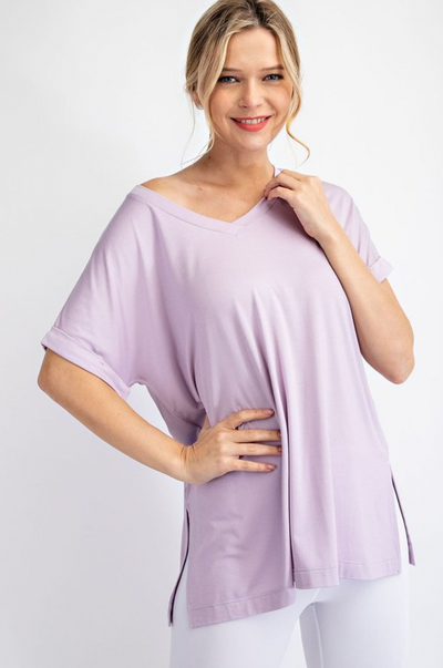 Modal V-Neck Short Sleeve Top with Back Pleat Detail