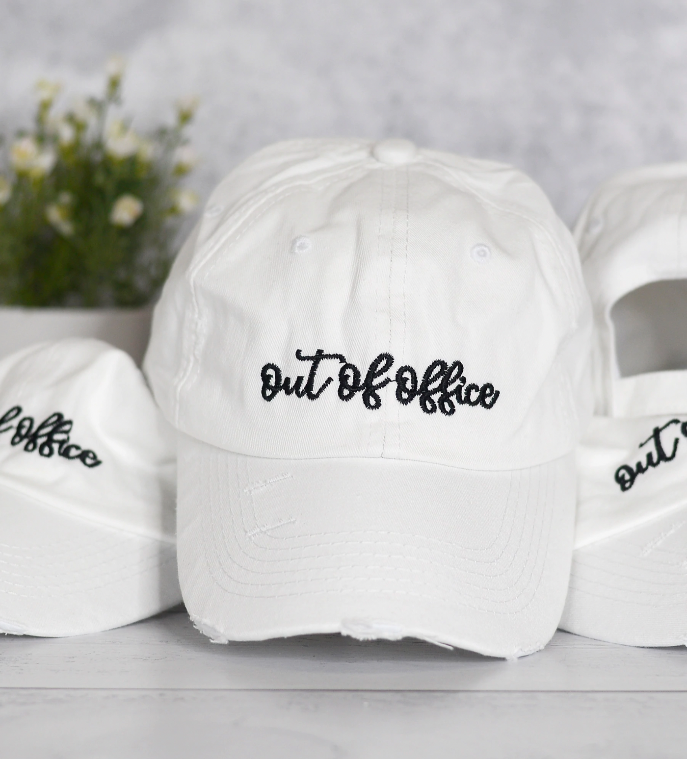 "Out of Office" White Distressed Baseball Hat Cap