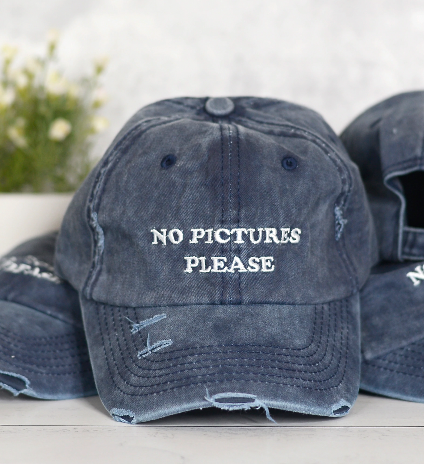 "No Pictures Please" Navy Distressed Baseball Hat Cap