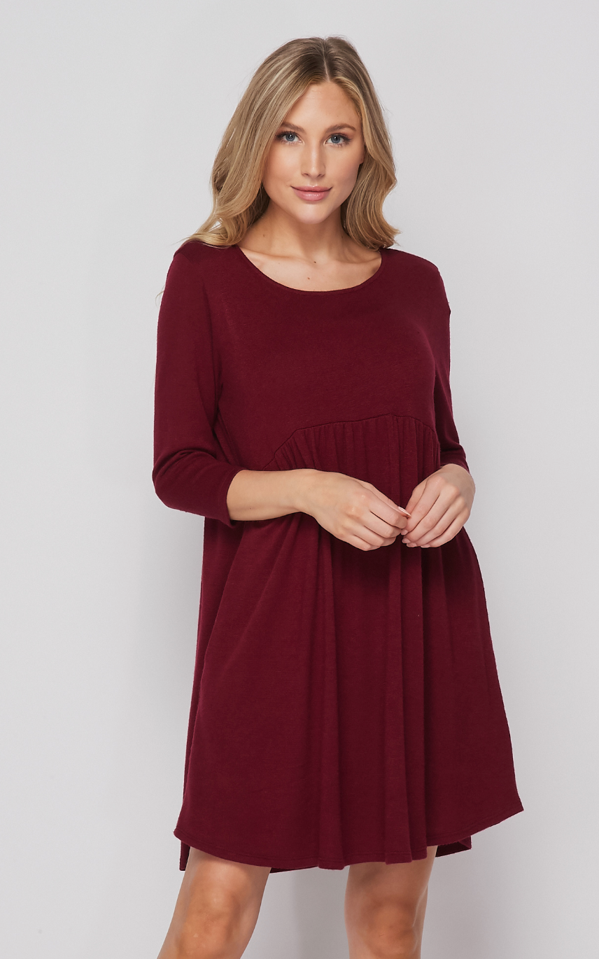 Burgundy Babydoll Brushed Sweater Dress with Contrast Pockets {Honey Me}