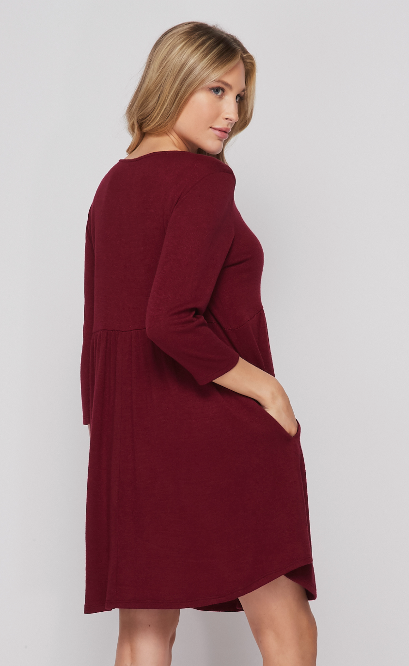 Burgundy Babydoll Brushed Sweater Dress with Contrast Pockets {Honey Me}
