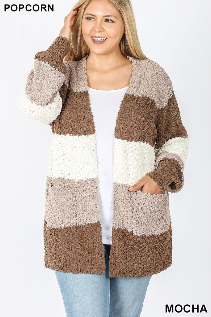 Wide Striped Popcorn Cardigan Mocha Mix