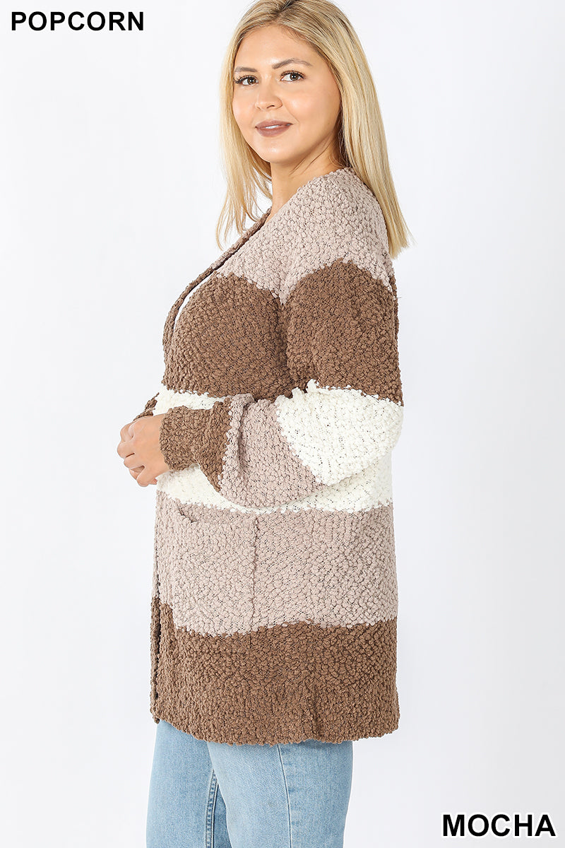 Wide Striped Popcorn Cardigan - Mocha Mix