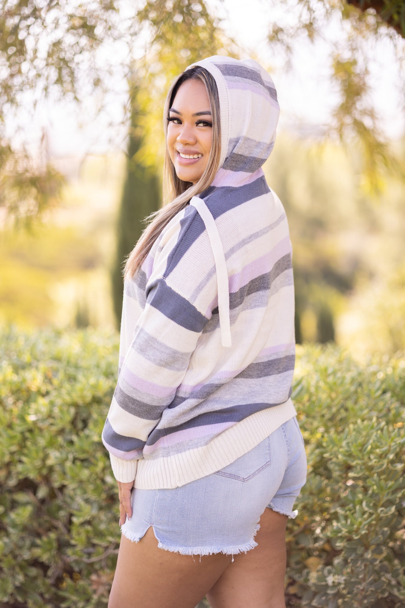 Sweet Lavender Striped Spring Sweater with Hood