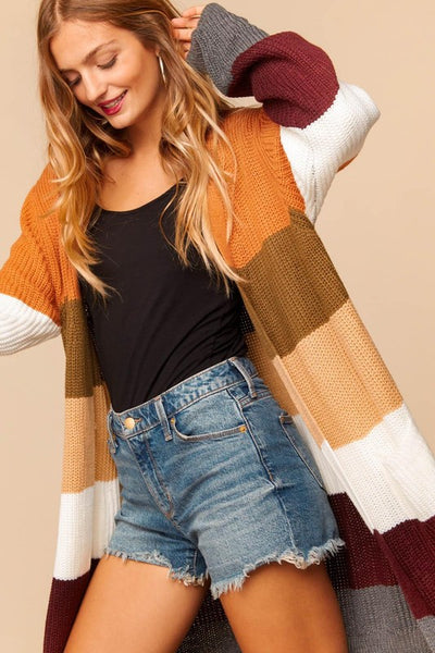 Fall Breeze Wide Stripe Sweater Knit Cardigan with pockets