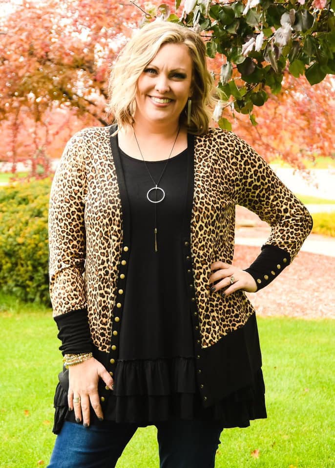 Hawthorne Leopard & Black Snap Cardi with Elbow Patches