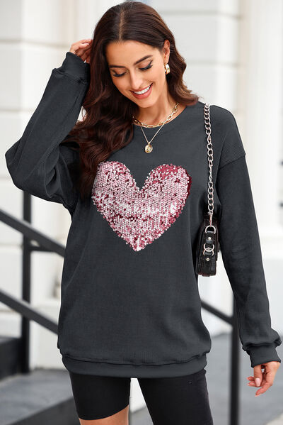 Large Pink Sequin Heart Sweatshirt - Charcoal Gray