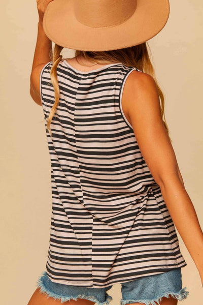 Taupe & Black Striped V-Neck Ruffle Babydoll Tank