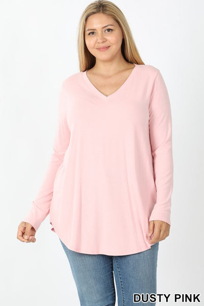 Beautifully Basic Long Sleeve V-Neck Round Hem Top - Dusty Pink