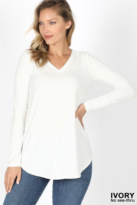 Long Sleeve V-Neck Round Hem Top - Ivory