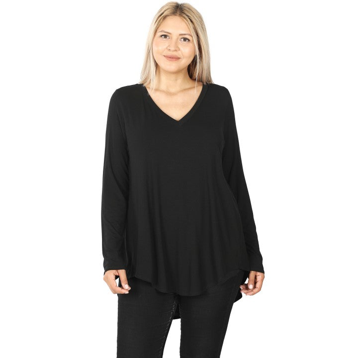 Long Sleeve Rayon Dolphin Hem Top - Black