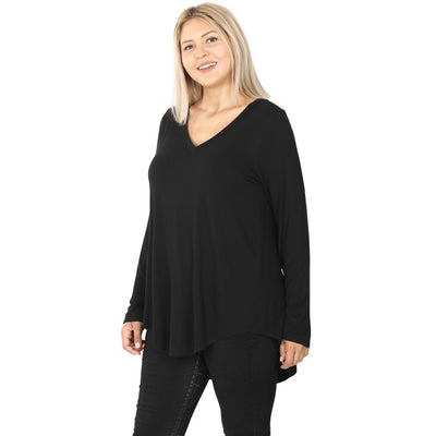 Long Sleeve Rayon Dolphin Hem Top - Black