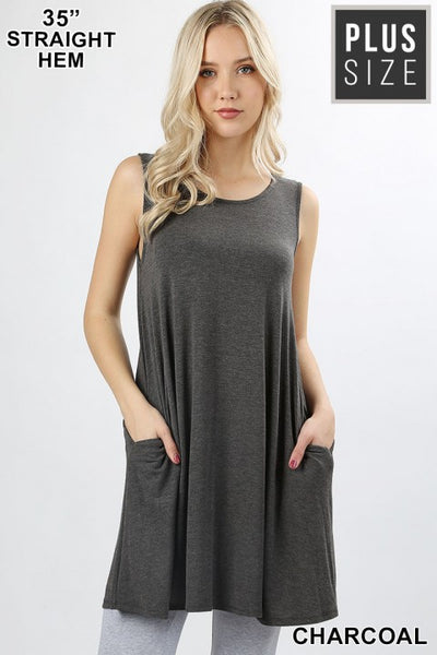 Round Neck Sleeveless Swing Tunic with Pockets - Charcoal