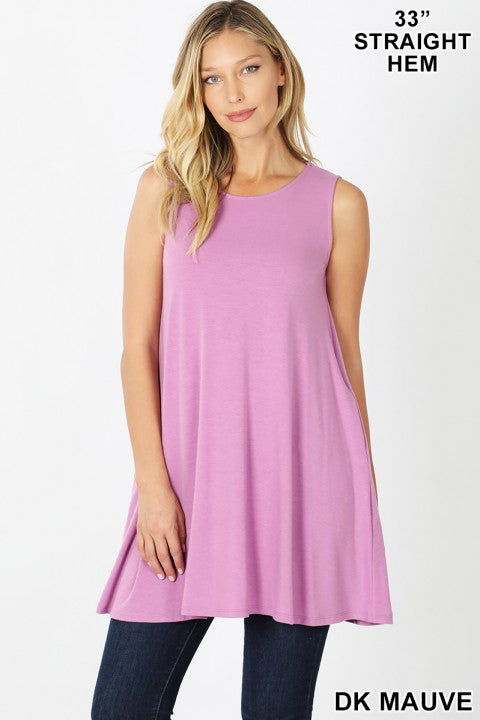 Round Neck Sleeveless Swing Tunic with Pockets - Dk Mauve