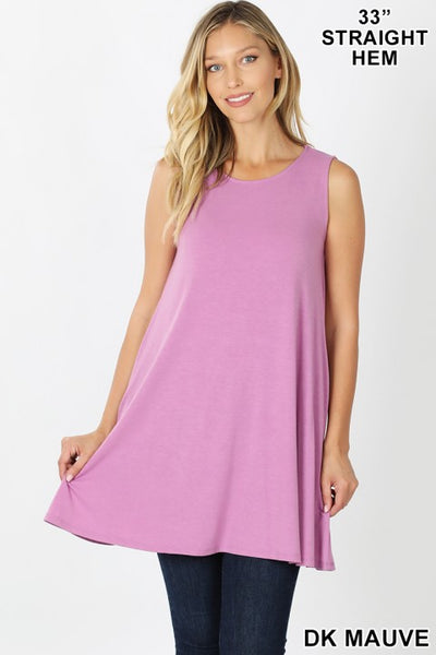 Round Neck Sleeveless Swing Tunic with Pockets - Dk Mauve