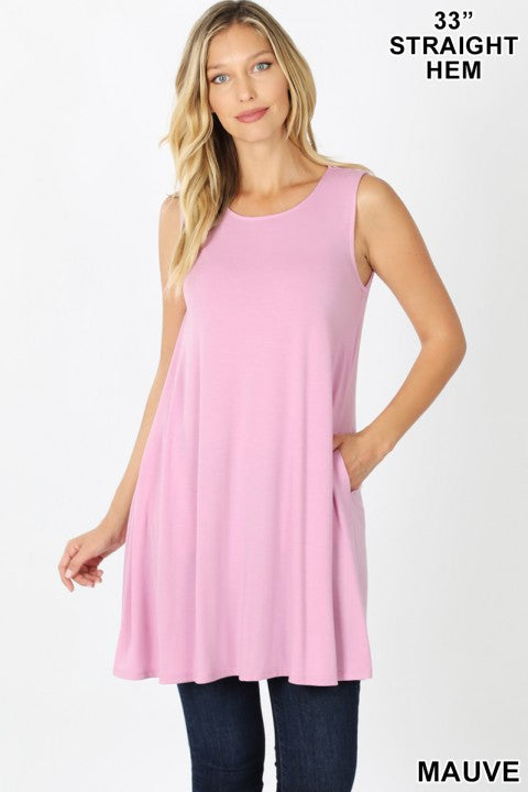 Round Neck Sleeveless Swing Tunic with Pockets - Mauve