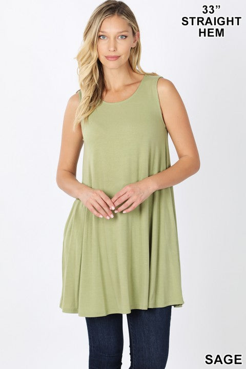 Round Neck Sleeveless Swing Tunic with Pockets - Sage