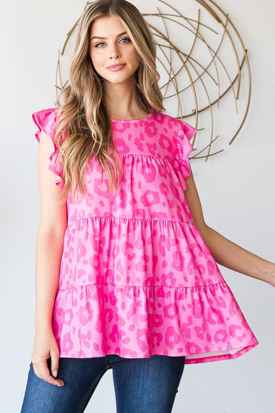Hot Pink Animal Print Tiered Swing Top with Flutter Sleeves