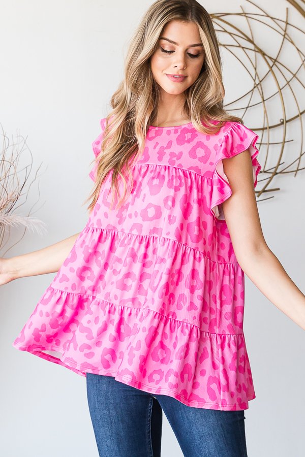 Hot Pink Animal Print Tiered Swing Top with Flutter Sleeves
