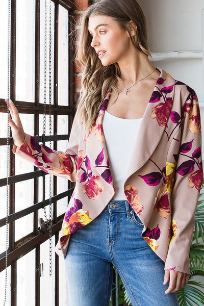 Stretchy Figure Flattering Blazer - Tan Floral