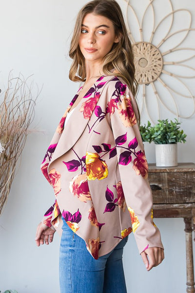 Stretchy Figure Flattering Blazer - Tan Floral