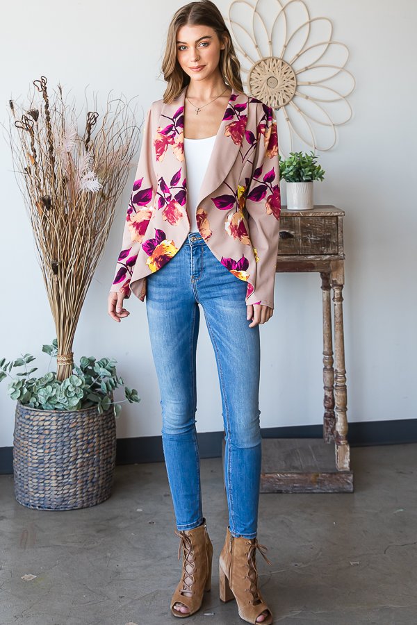 Stretchy Figure Flattering Blazer - Tan Floral